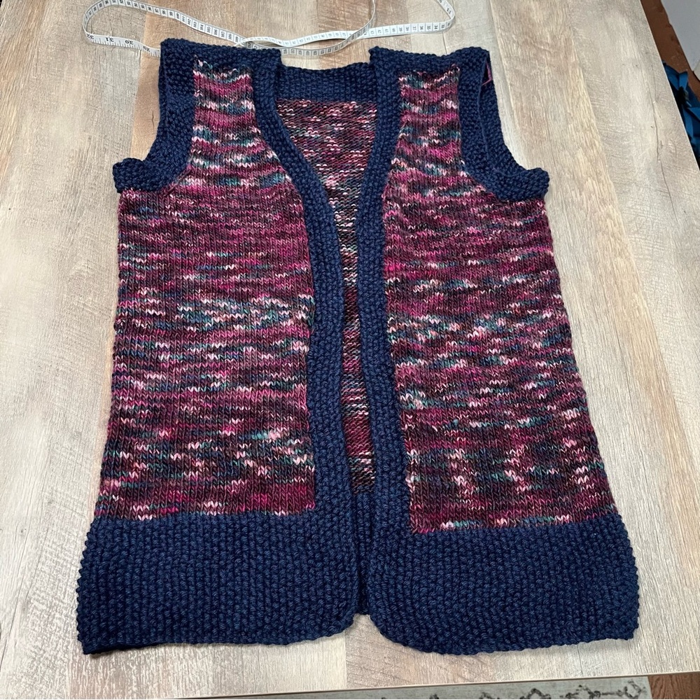 Handmade Multicolor Knit Vest with Navy Trim Fits Medium/Large